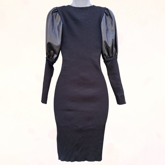Gabrielle Union Black Bodycon Ribbed Knit Faux Leather Puff Long Sleeves Dress S - Picture 7 of 11
